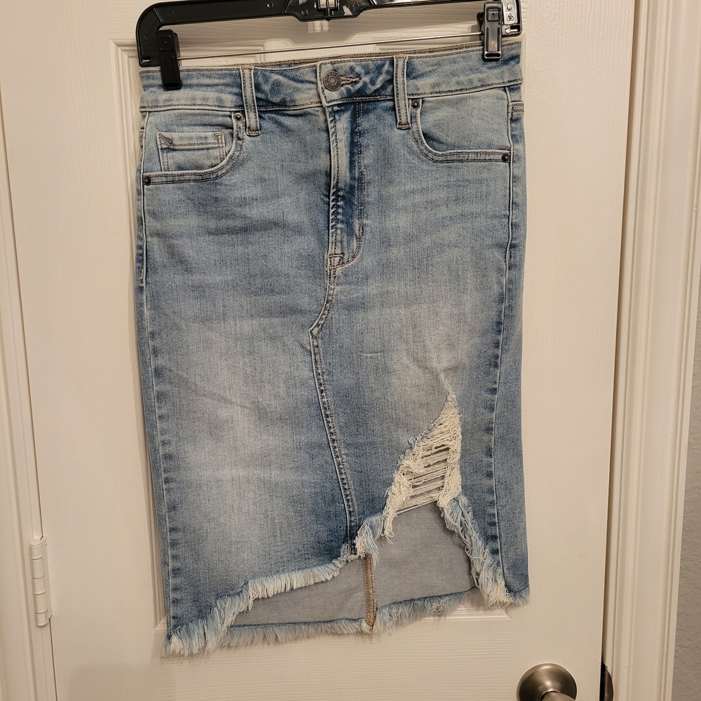 Distressed Denim Pencil Skirt
